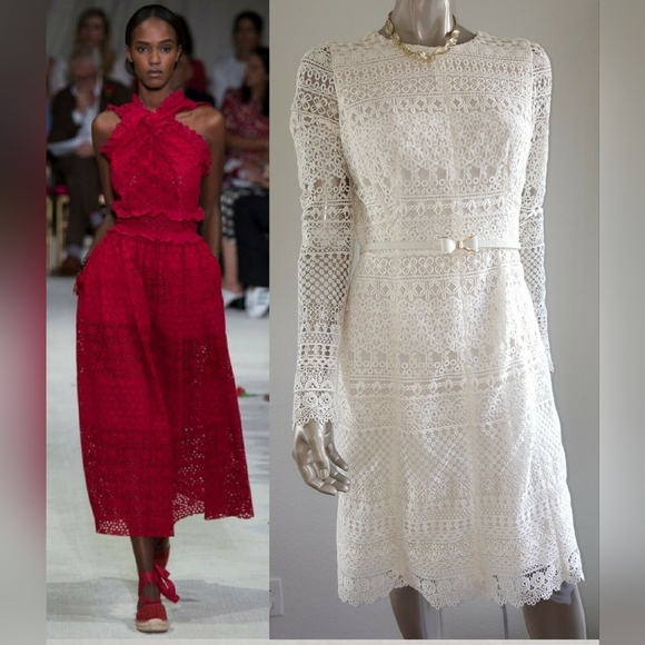 $3,400 NEW OSCAR DE LA RENTA IVORY WHT FLORAL GUIPURE LACE RUNWAY DRESS US 8 - Picture 1 of 12